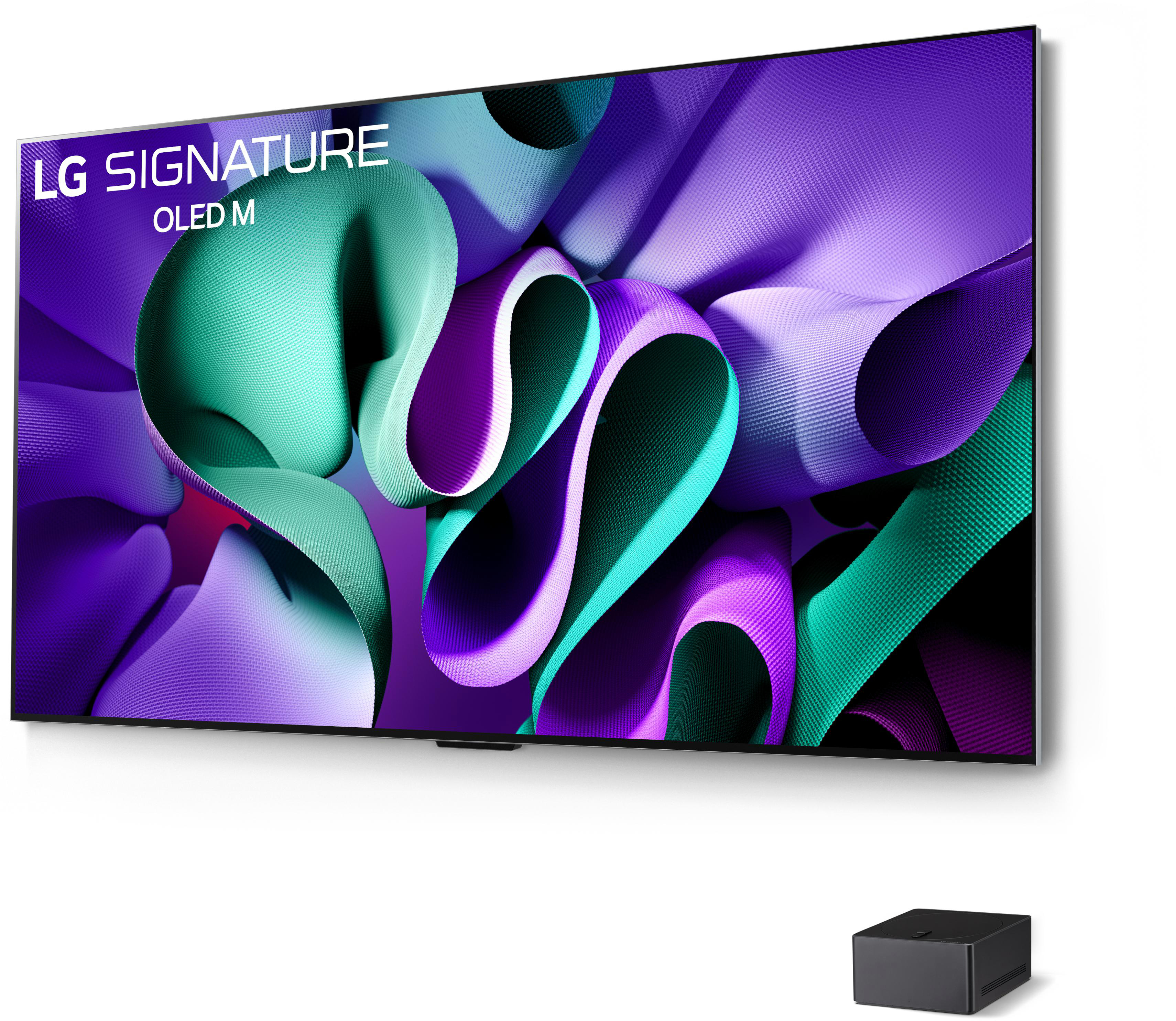 Großer LG OLED-Fernseher zeigt ein farbenfrohes abstraktes Bild, darunter eine schwarze Box.
