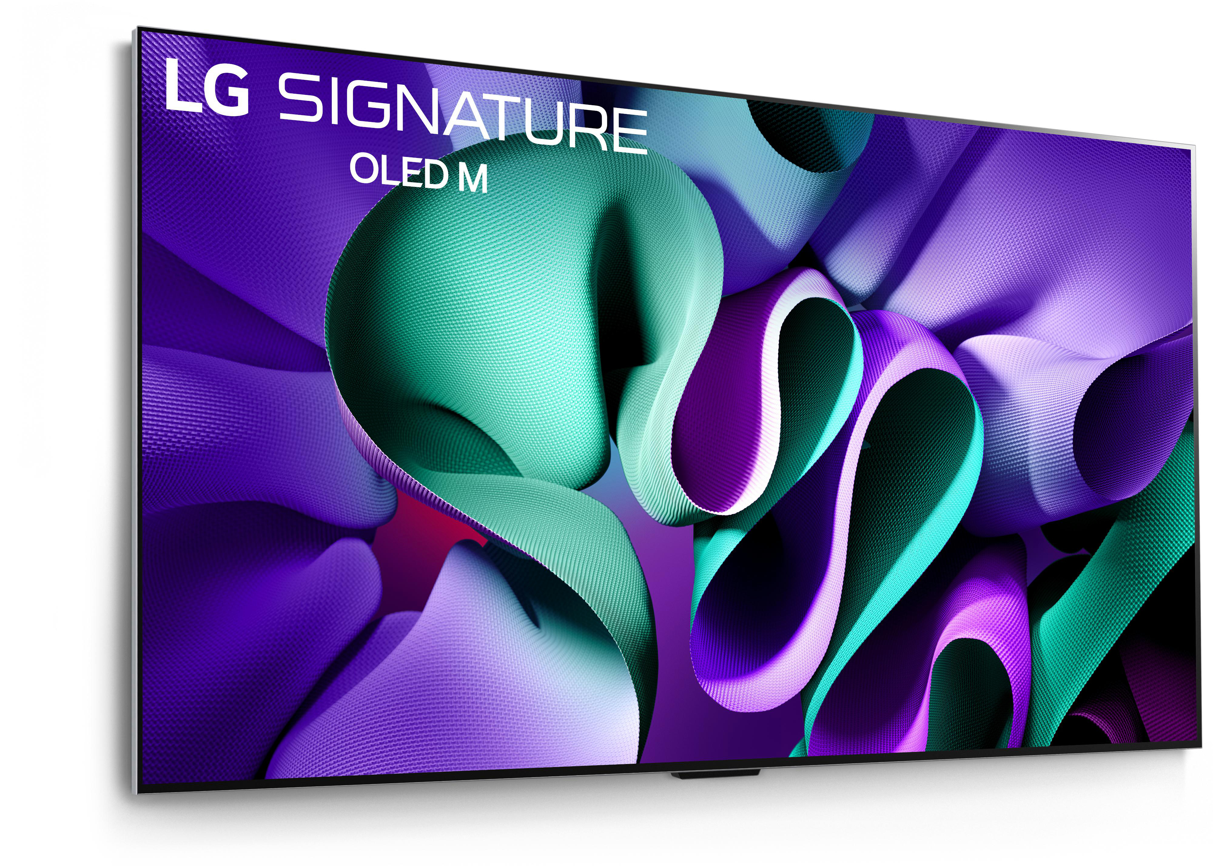 Großer LG OLED M Fernseher mit farbenfrohem, abstraktem Design.