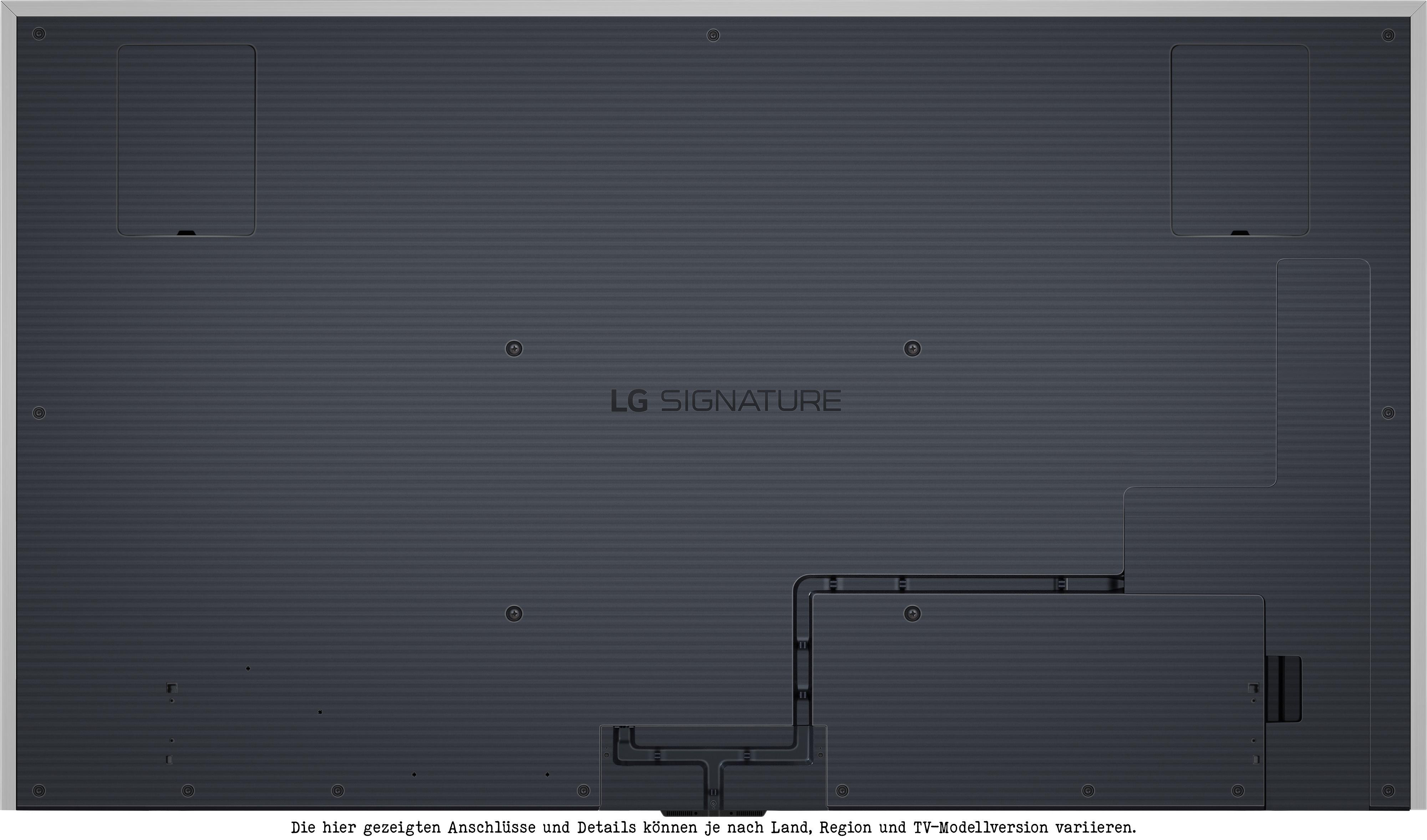 Rückseite eines dunklen Fernsehers mit LG Signature-Branding.