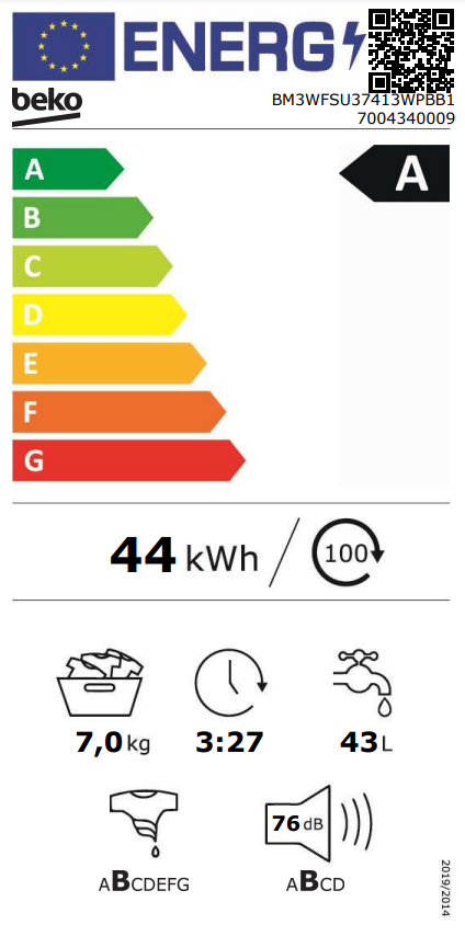 Energia címke, amely hatékonyságot, fogyasztást és egyéb készülék információkat mutat.