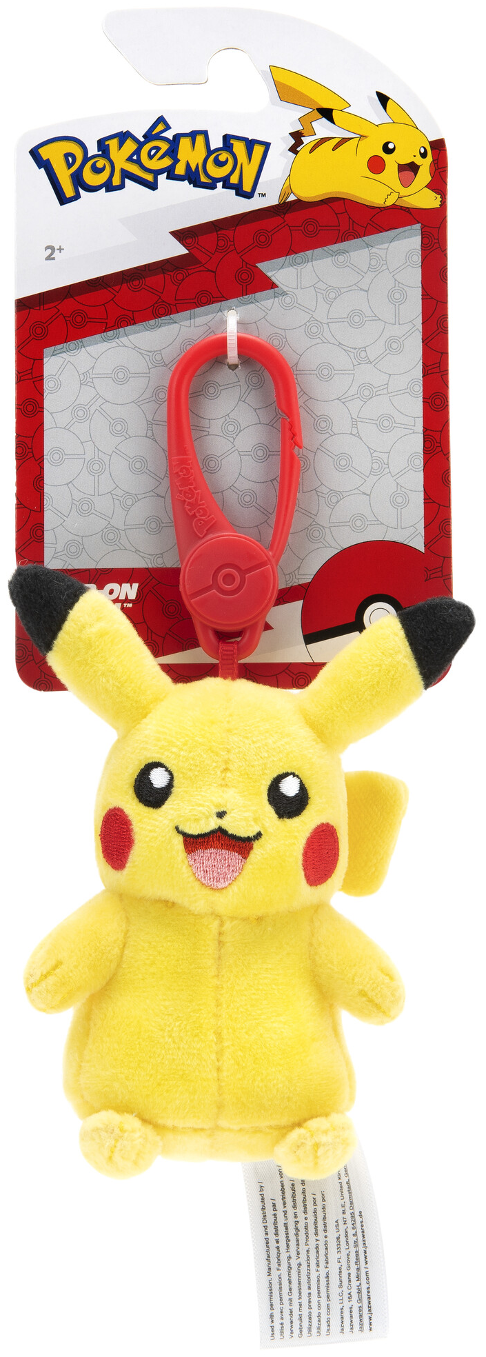 Pikachu plüssfigura piros kulcstartóval. Sárga test, fekete fülek. Pokémon márkájú csomagolás.