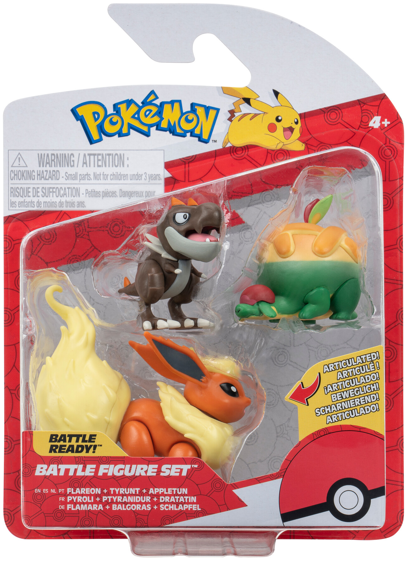 Pokemon Battle Figure Set buborékcsomagolásban. Három Pokemon figura. Piros és fehér háttér.