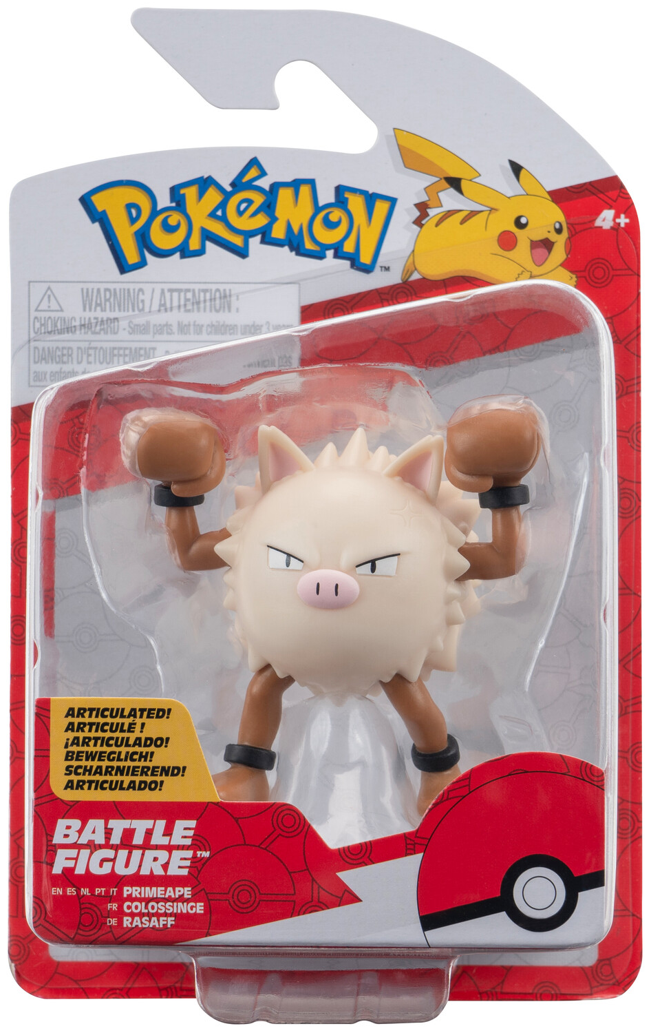 Pokemon Battle figura csomagolásban. Bézs színű figura boxkesztyűvel. A háttér piros.