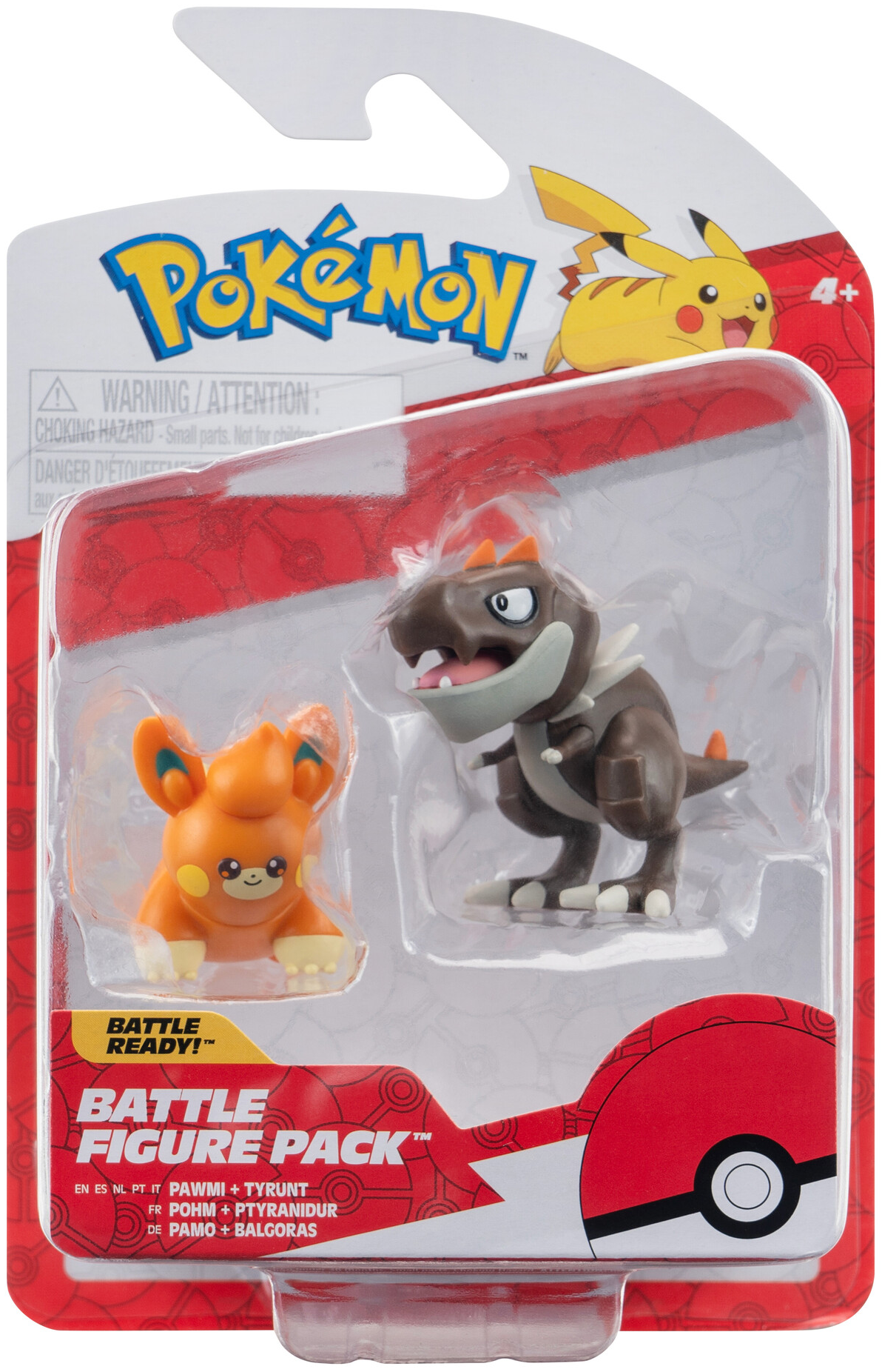 Pokemon Battle Ready csomag. Két Pokemon figura a csomagban: Pawmi és Tyrunt. A csomagolás piros-fehér.