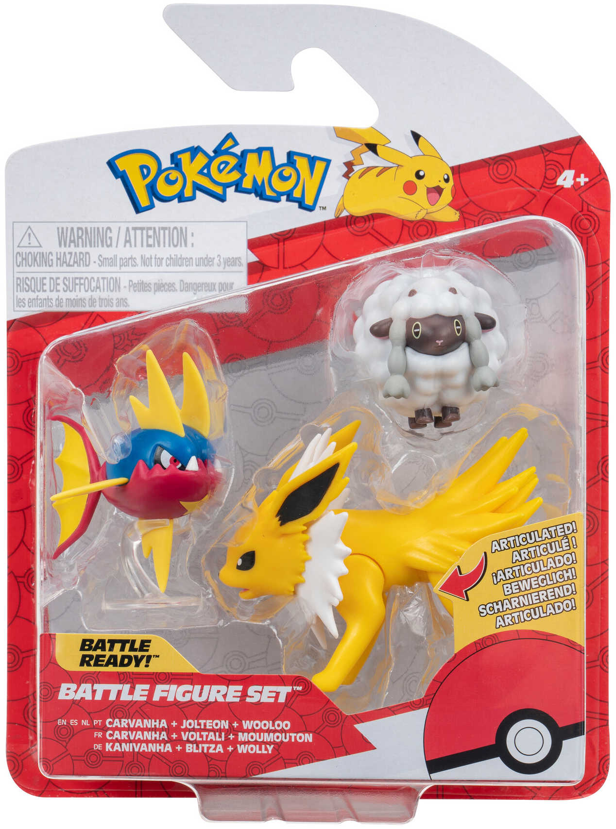 JAZWARES Pokémon 3 db-os figura csomag, Wooloo, Carvanha, Jolteon (PKW3050)