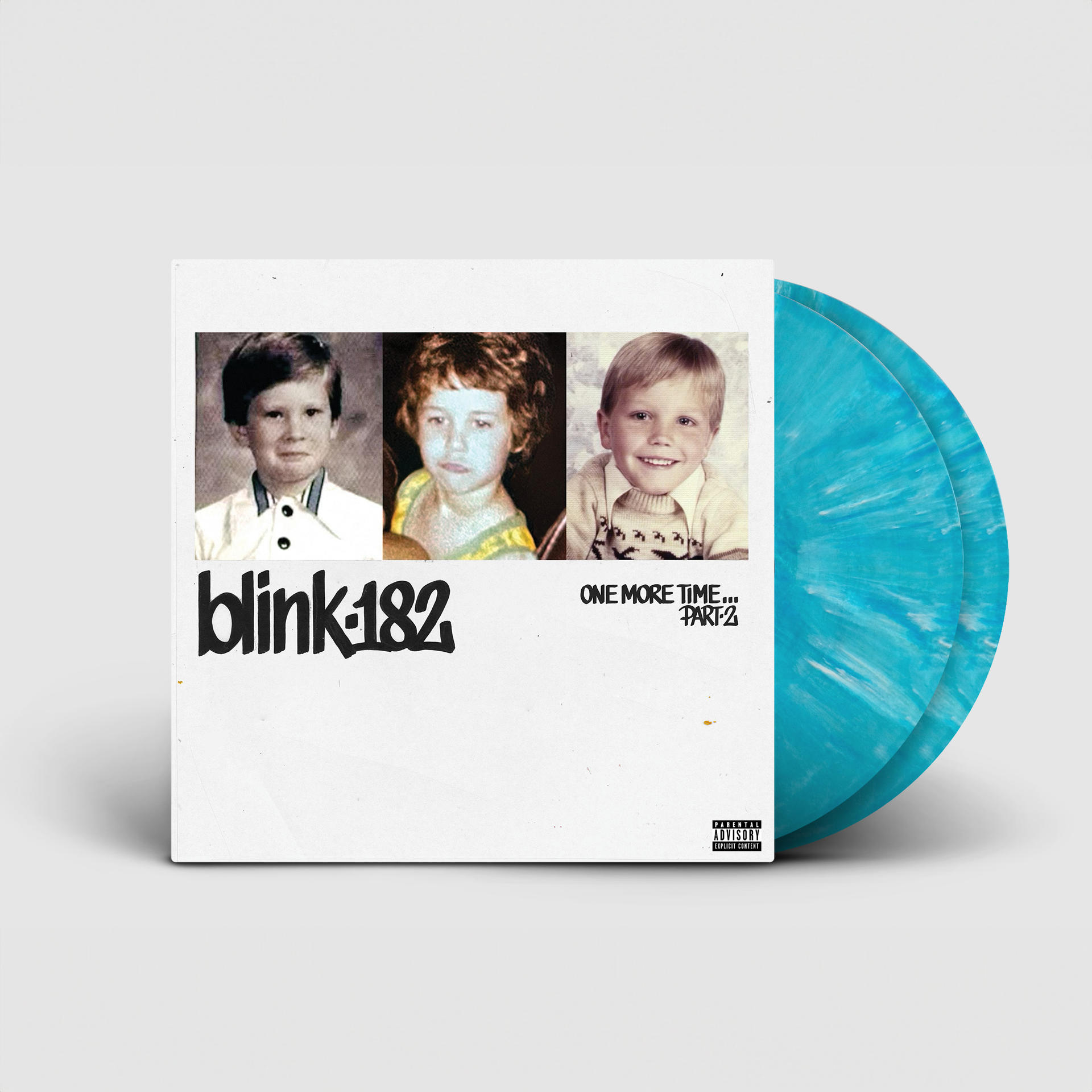 Blink-182 Vinyl-Schallplattencover mit drei Babyfotos und blauer Vinyl-Schallplatte.