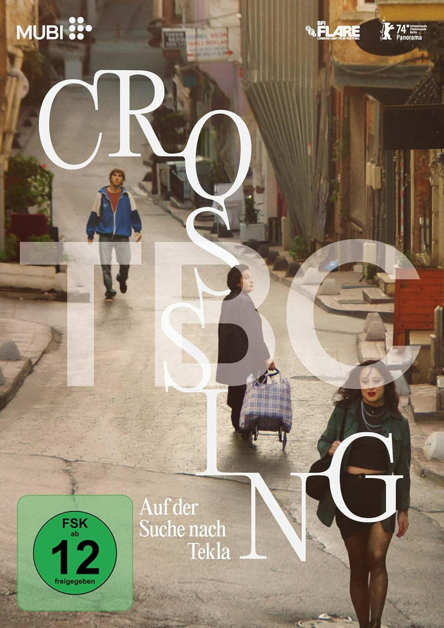 Filmposter für „Crossing“. Menschen gehen eine Straße entlang, mit einem Poster-Stil-Design.