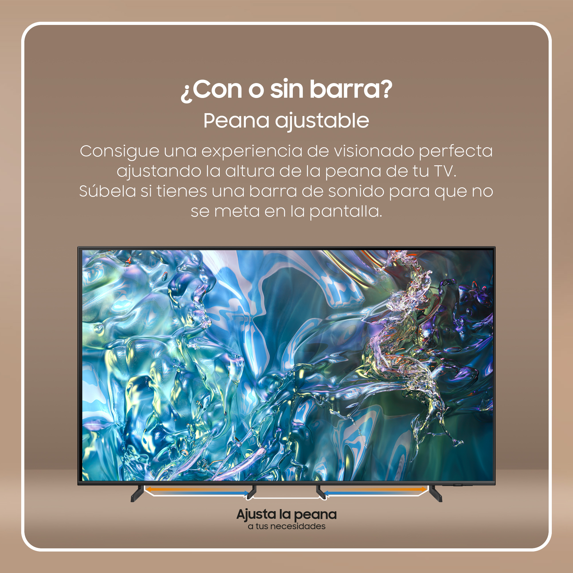 Pantalla de TV con arte abstracto. Texto arriba para ajustar el soporte del TV.