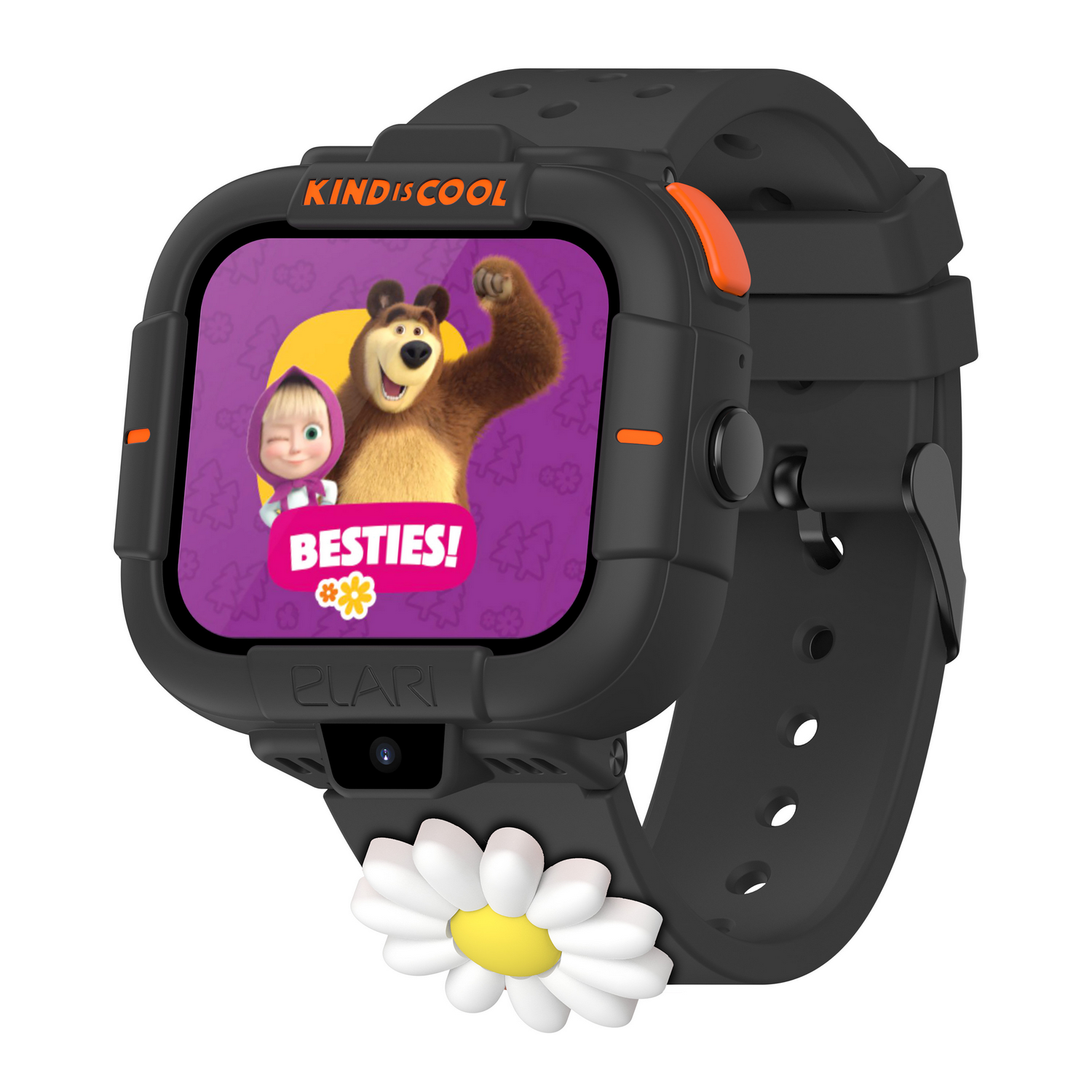 Un smartwatch negro con una imagen de dibujos animados en su pantalla, y un detalle de margarita.