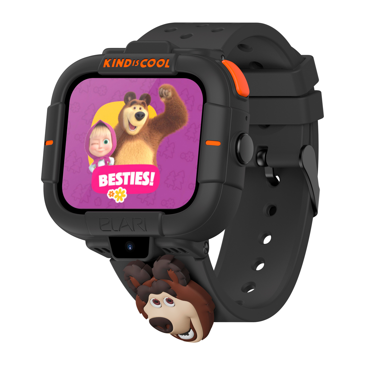 Smartwatch negra y naranja con dibujos animados en la pantalla.