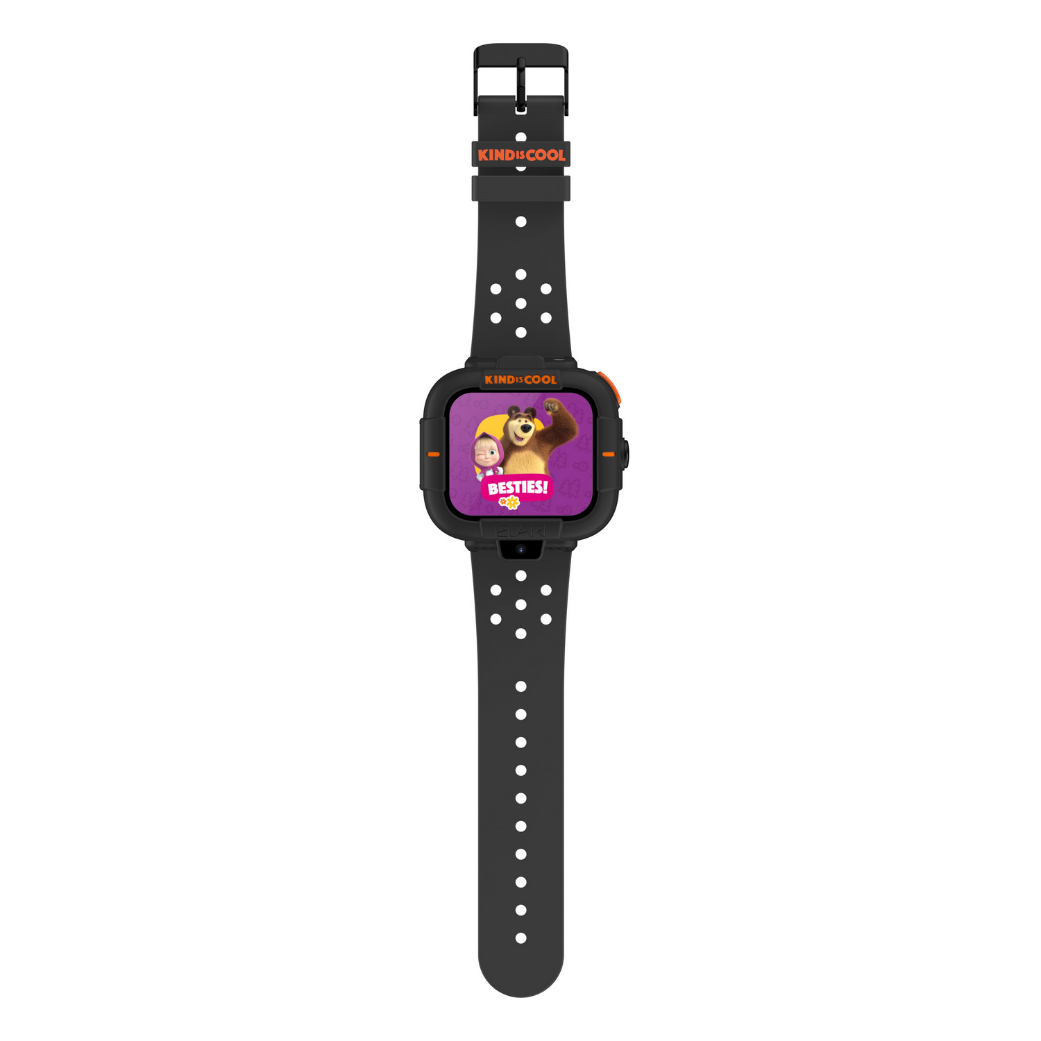Reloj inteligente negro con una imagen de dibujos animados en la pantalla.
