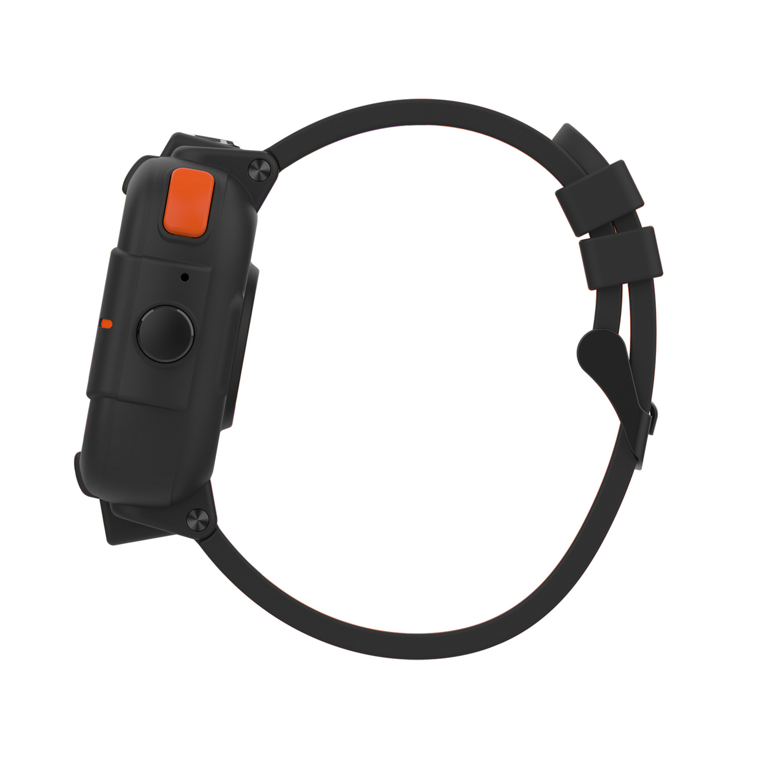 Smartwatch negra con botón y correa naranja.