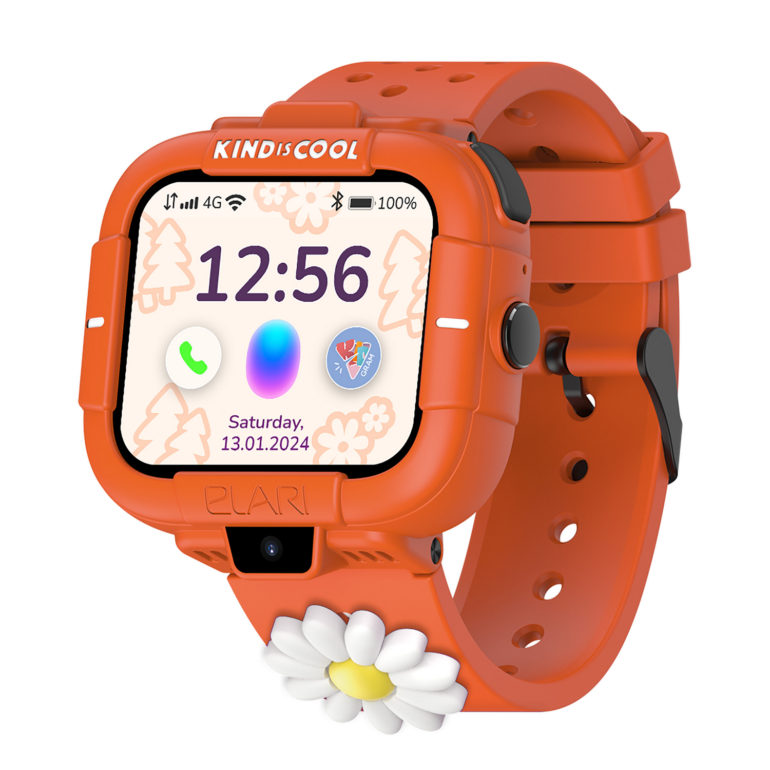 Smartwatch naranja para niños, correa de margarita y pantalla digital.