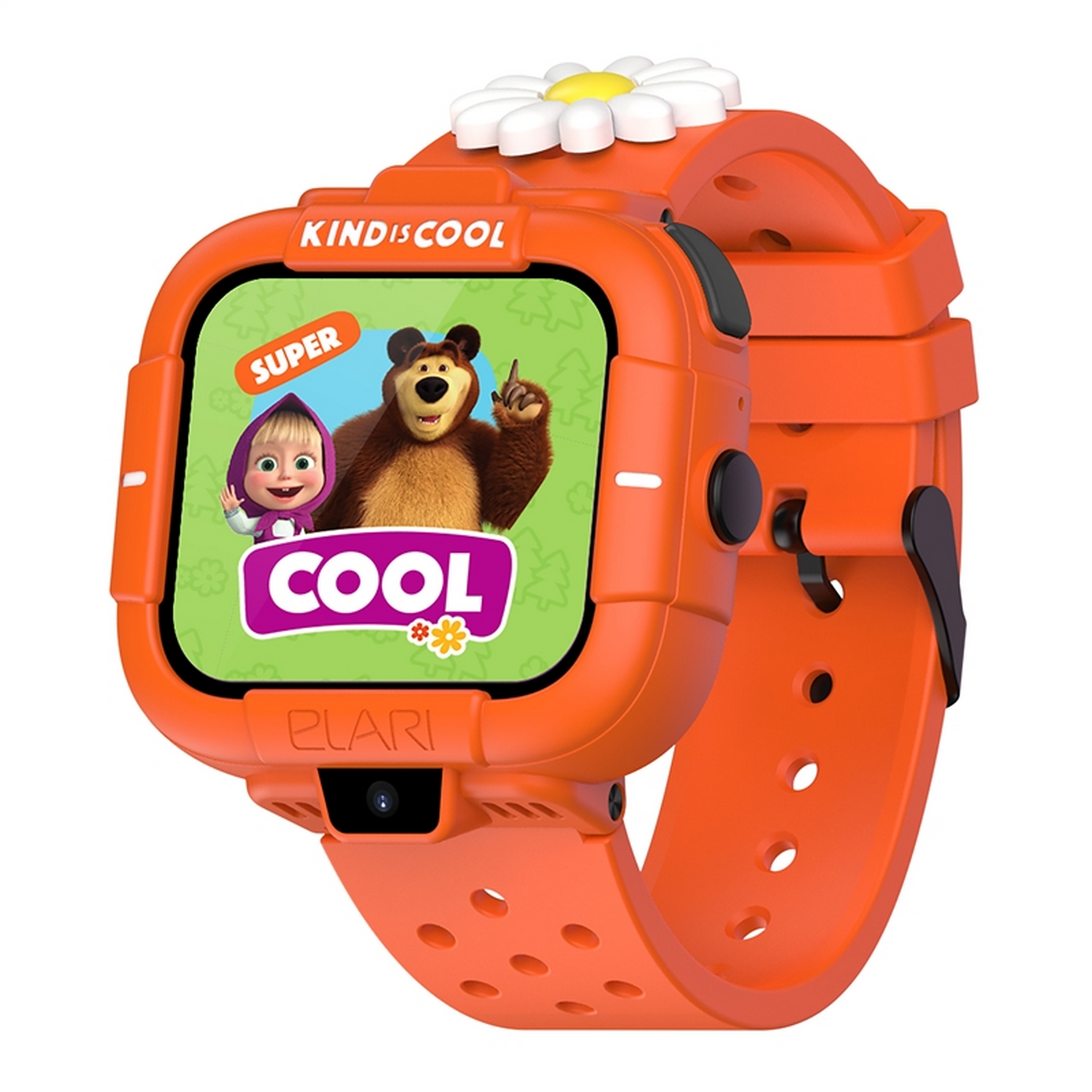 Un reloj inteligente naranja que muestra una caricatura con un oso y una niña, con una margarita blanca en la correa.