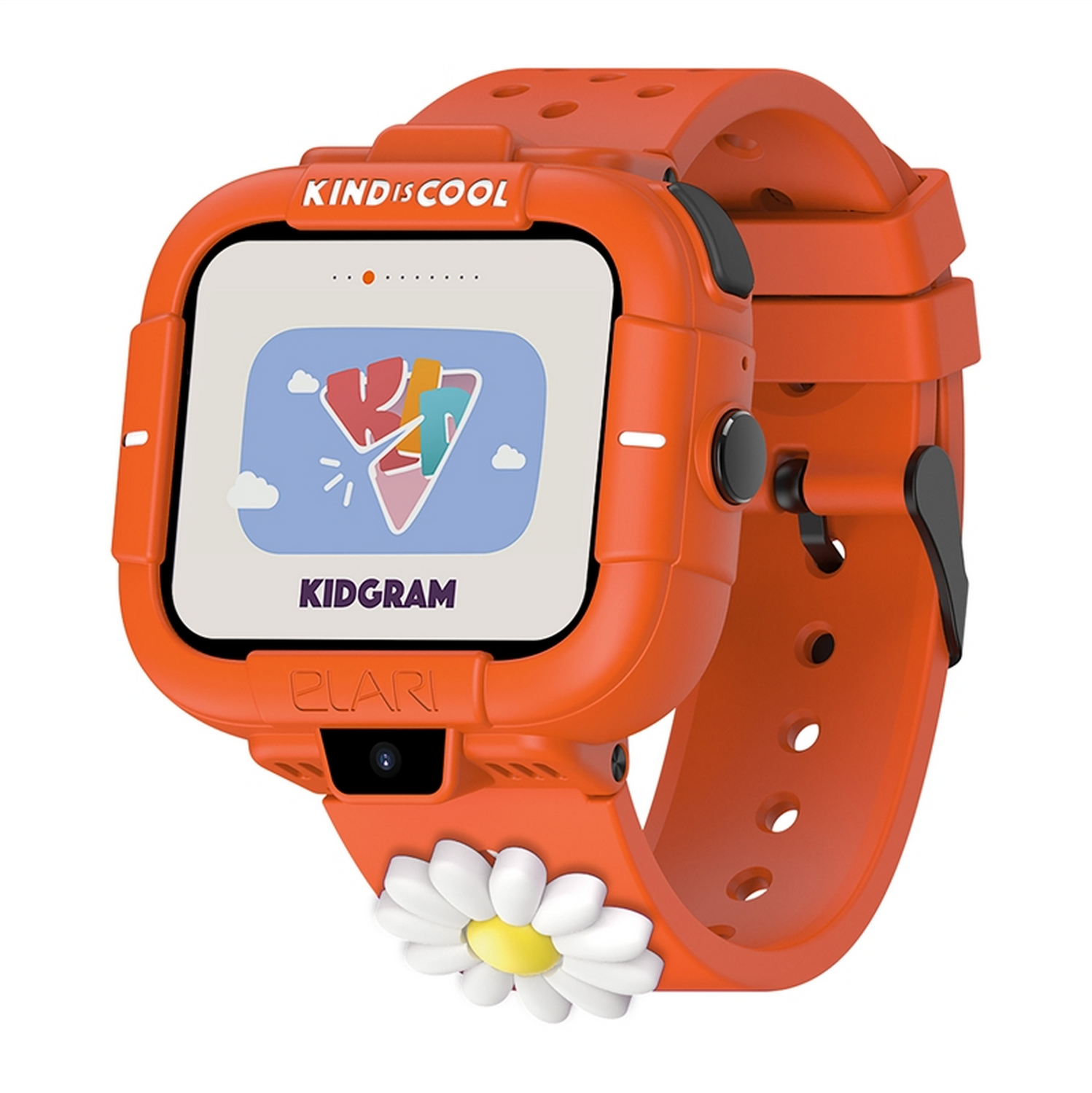Reloj inteligente naranja con una margarita blanca. Texto: Kind is Cool, Kidgram, reloj inteligente Elari.