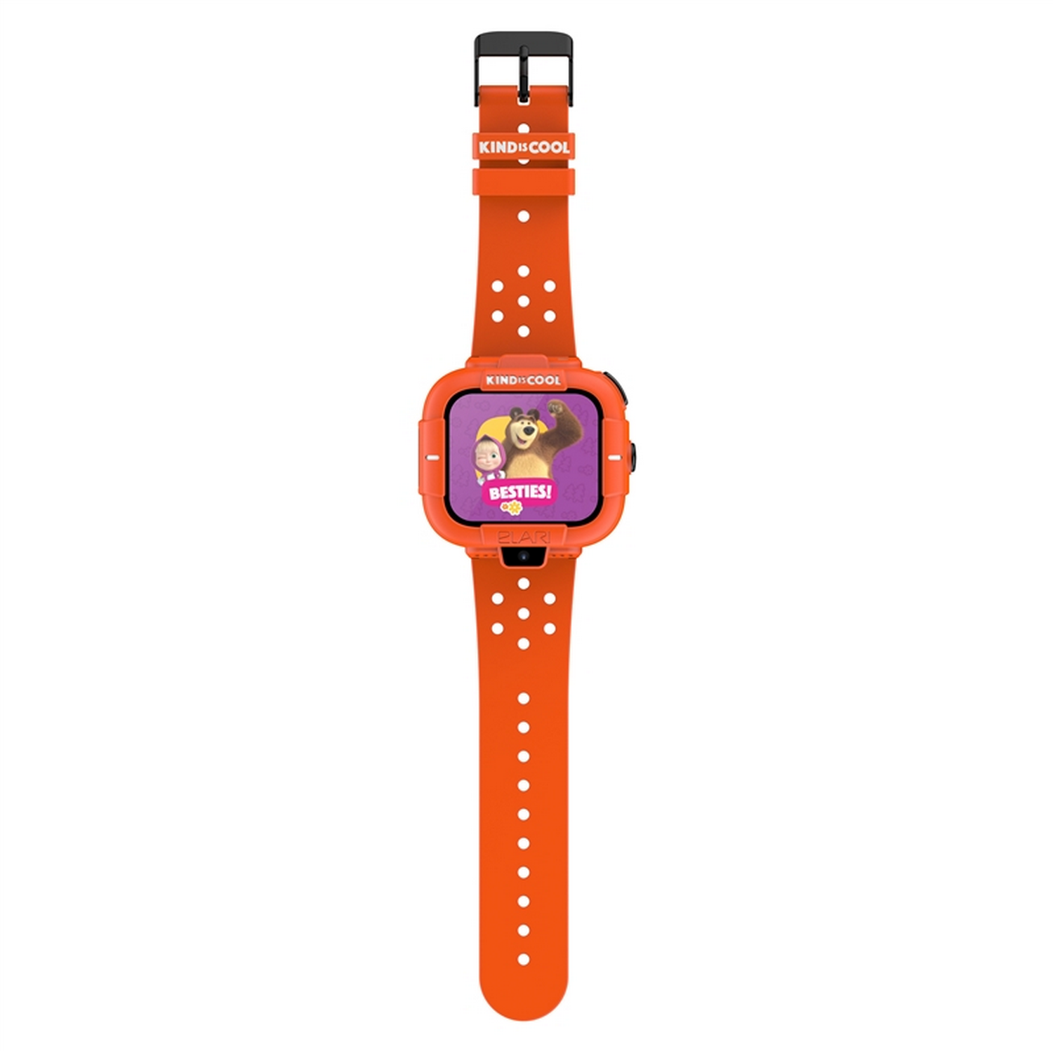 Smartwatch naranja con personajes de dibujos animados en pantalla y correa naranja.