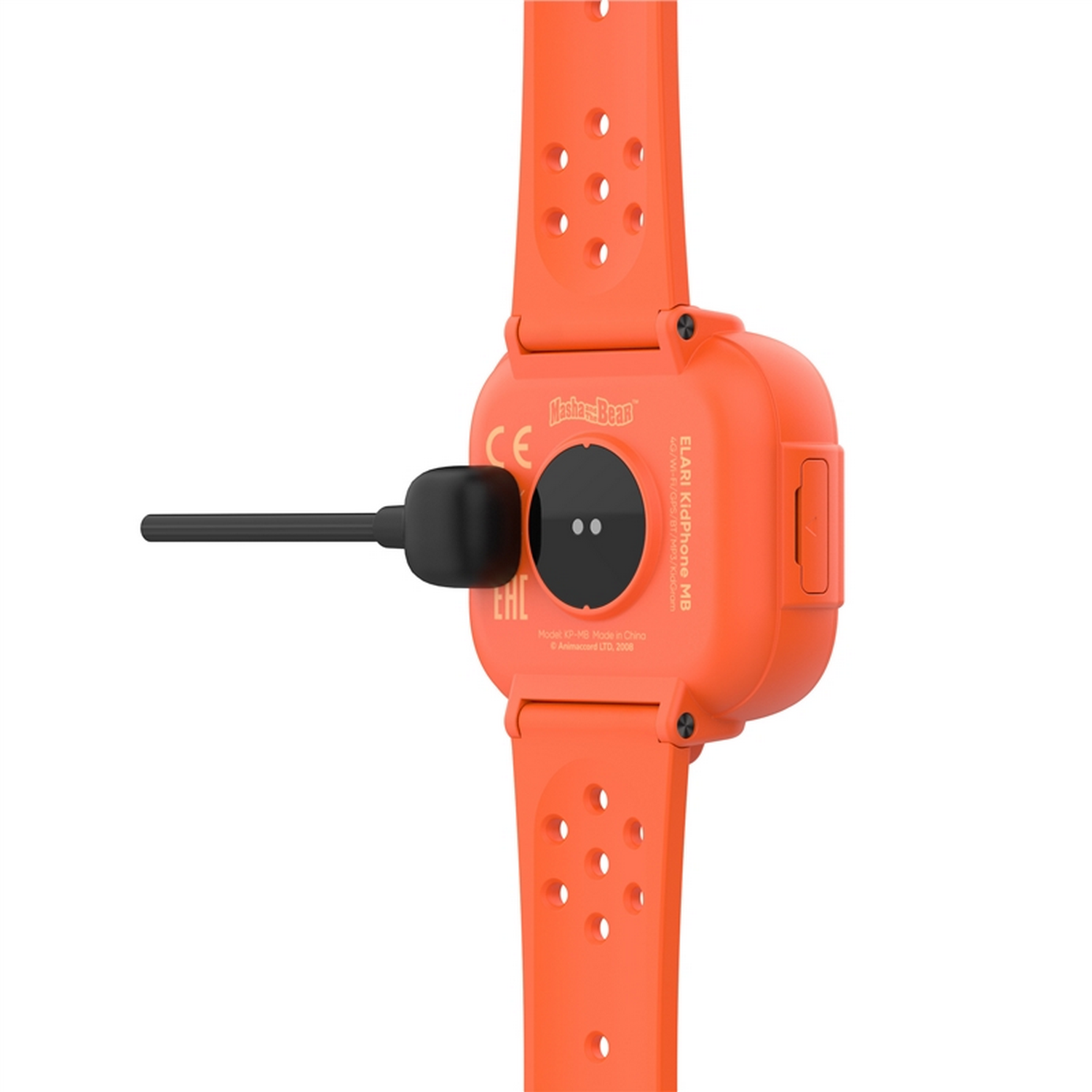 Un smartwatch naranja con un cable de carga conectado. La parte trasera del reloj es visible.