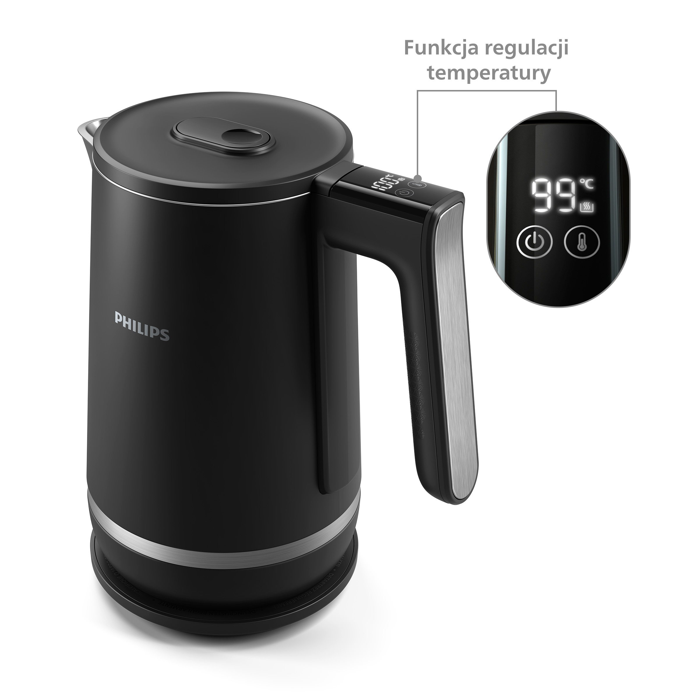 Czarny czajnik elektryczny z wyświetlaczem cyfrowym pokazującym 99 stopni Celsjusza.
