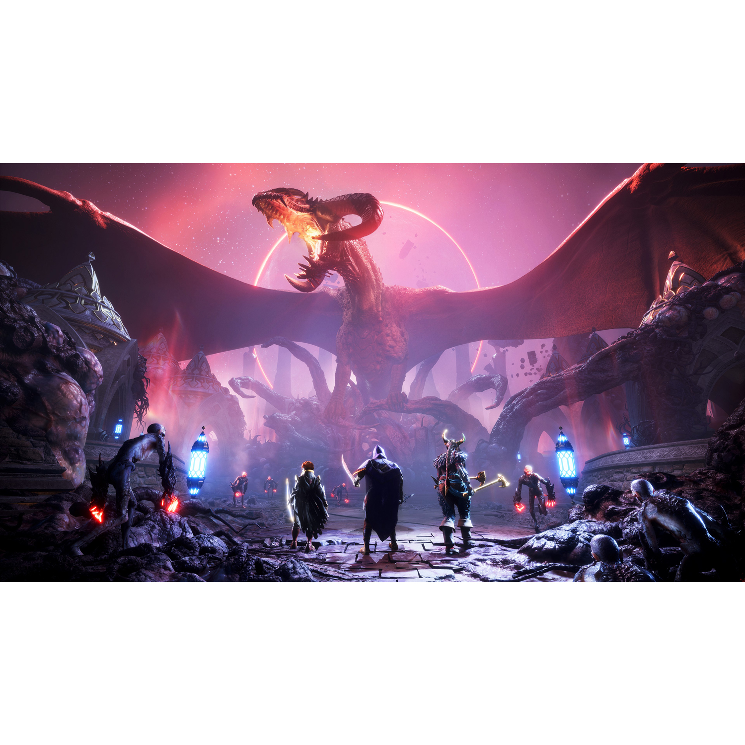 Una scena di gioco con un drago, personaggi e un'ambientazione fantasy.