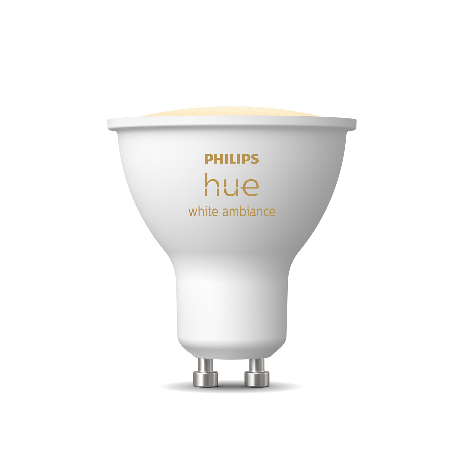 Ampoule Philips Hue blanche avec ambiance blanche. De forme cylindrique, avec des broches argentées.