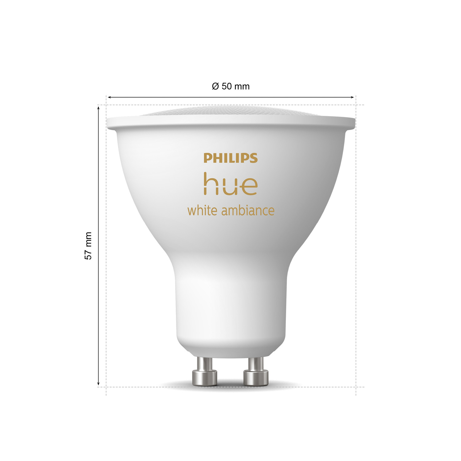 Une ampoule blanche Philips Hue avec des dimensions étiquetées autour.
