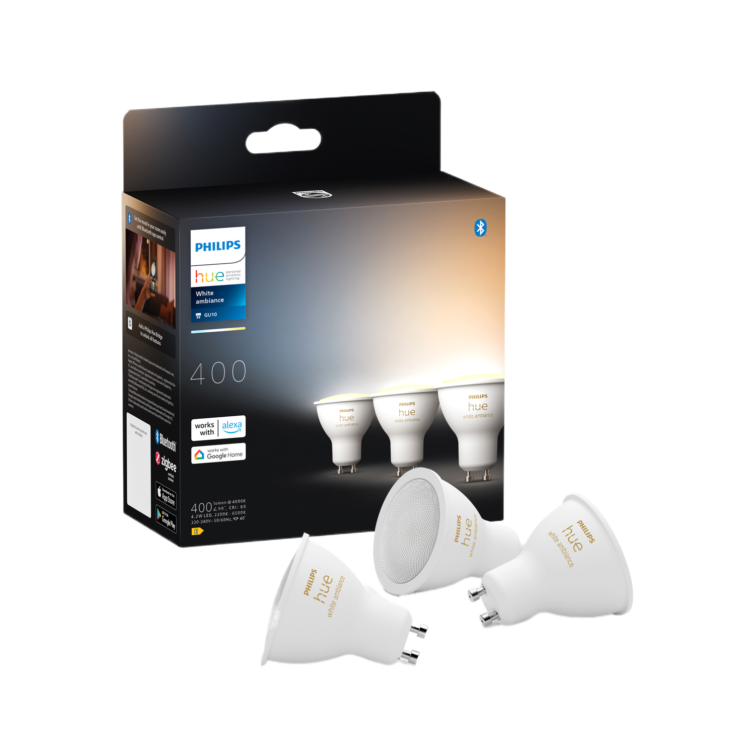 Philips Hue white ambiance slimme lampen, doos met drie spots.