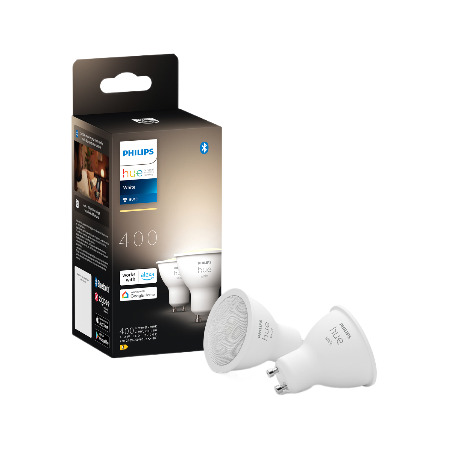 Boîte d'ampoules intelligentes Philips Hue GU10. Deux ampoules devant. Fond blanc.