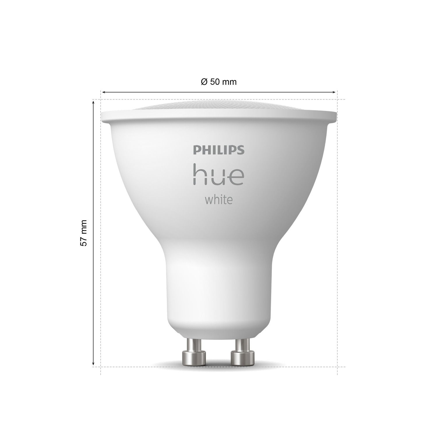 Ampoule blanche Philips Hue avec ses dimensions : 50 mm de diamètre et 57 mm de hauteur.