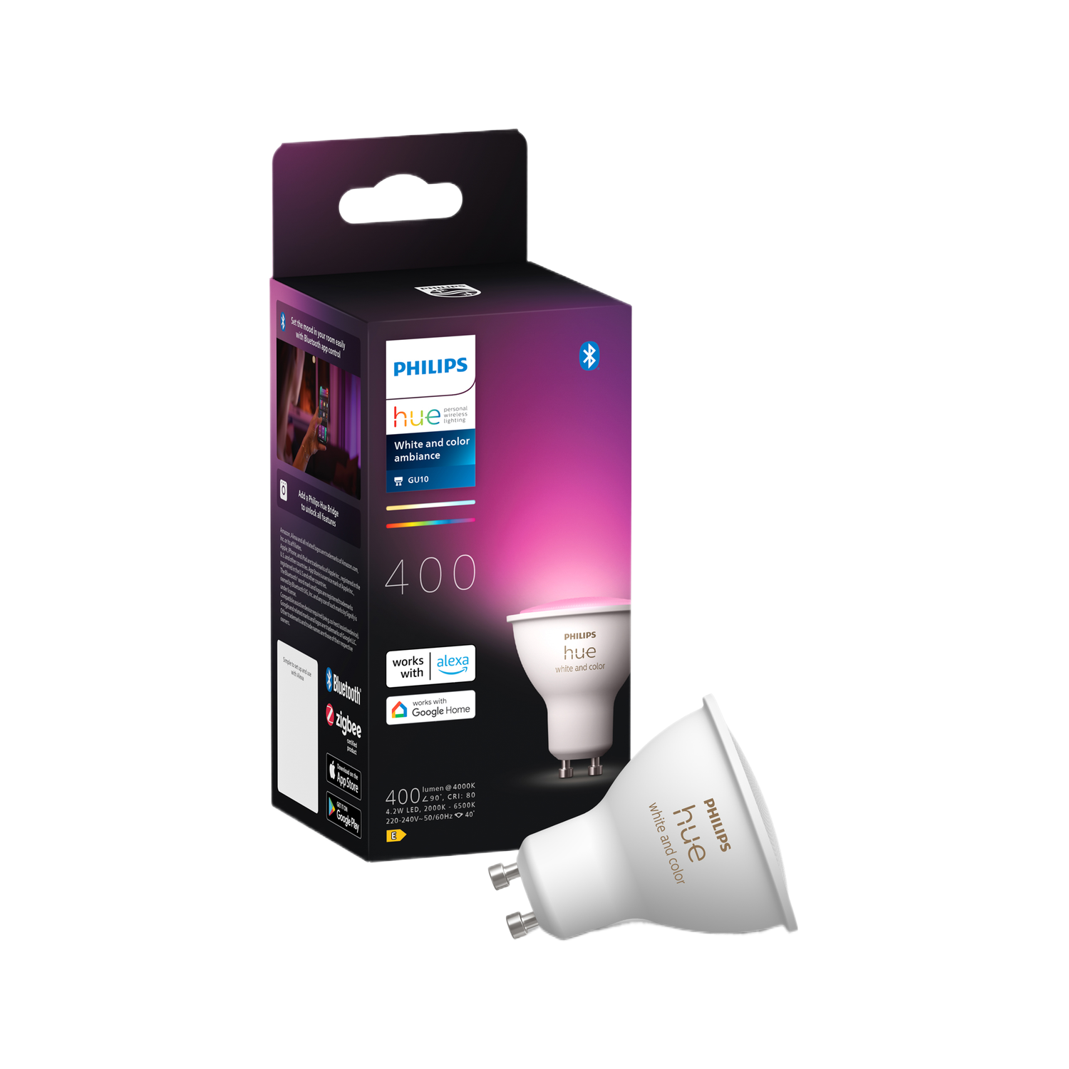 Ampoule intelligente Philips Hue dans une boîte. L'ampoule est blanche et a une lueur rose.