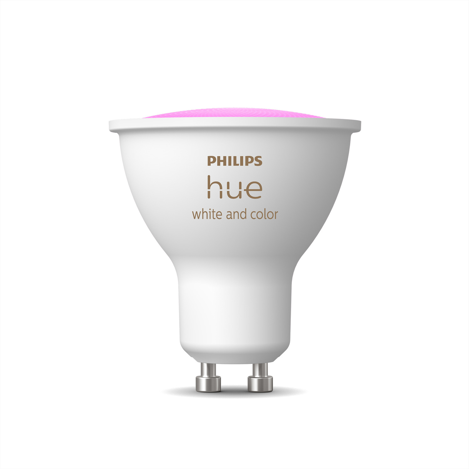 Une ampoule intelligente Philips Hue blanche avec lumière rose au sommet.