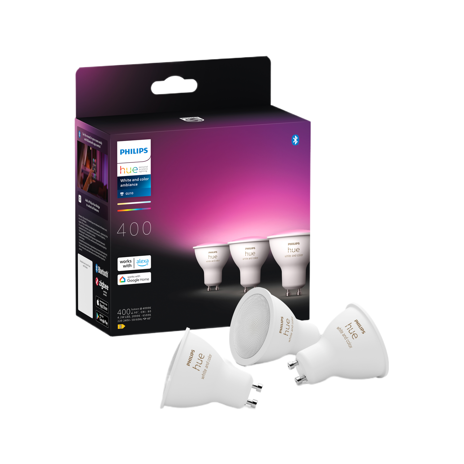 Une boîte d'ampoules intelligentes Philips Hue ambiance blanche et couleur. Trois ampoules sont en dehors de la boîte.