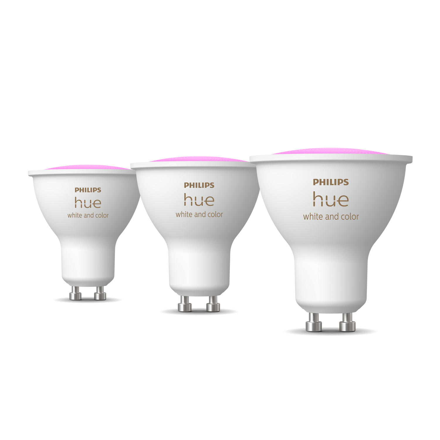 Trois ampoules intelligentes Philips Hue, blanches avec le dessus rose, isolées sur fond blanc.