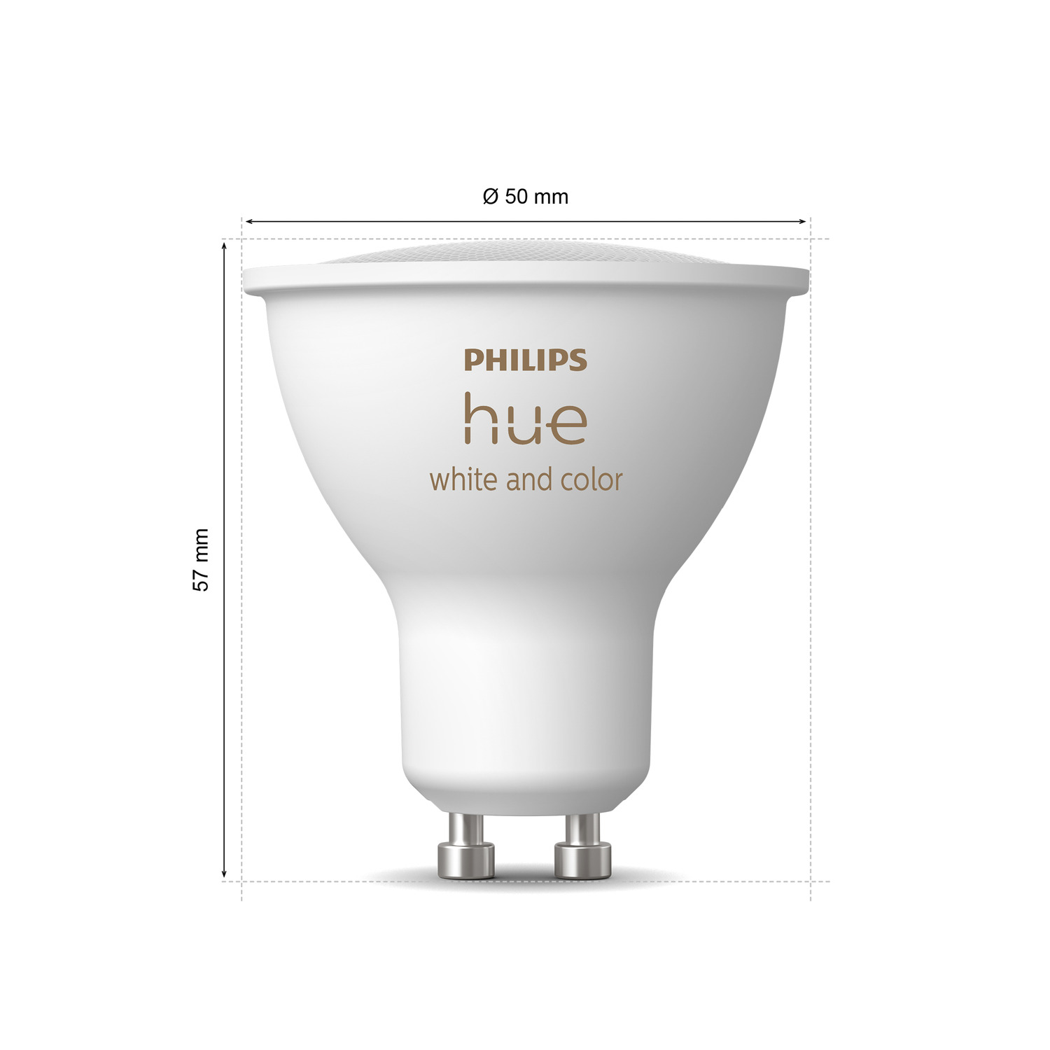 Une ampoule blanche Philips Hue avec dimensions, sur fond blanc.
