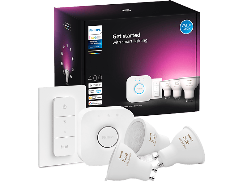 Philips Hue Starterkit 3 Led Lamp Gu10 4.2w Wit En Gekleurd Licht + Dimmer Switch (929003666510)