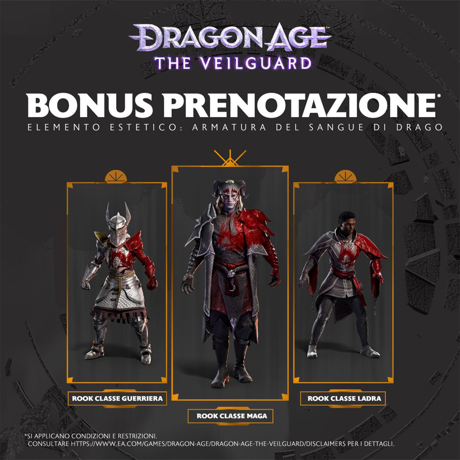 Promo di Dragon Age: The Veilguard. Presenta personaggi in armatura, con testo sovrapposto.