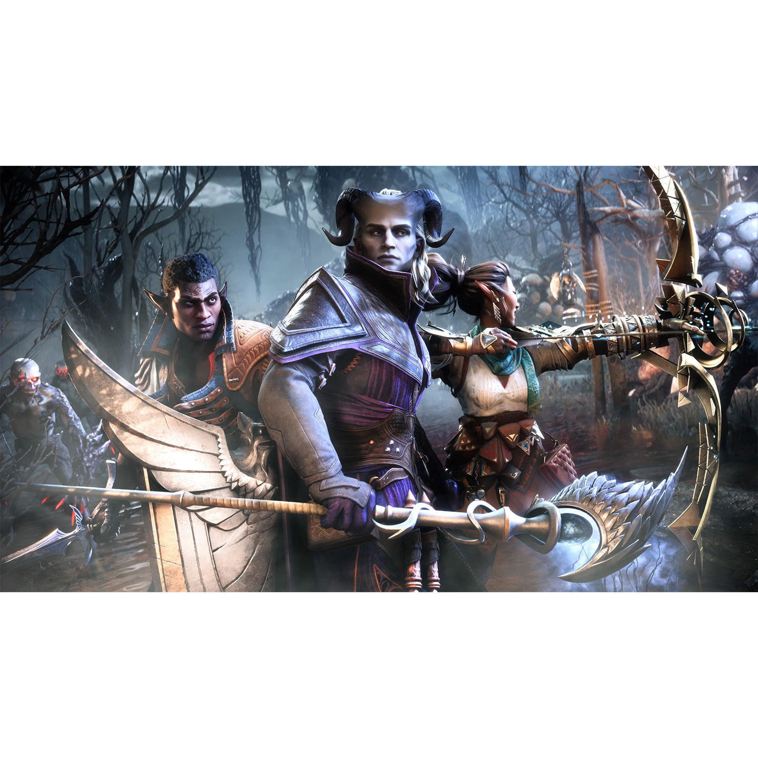 Scena di gioco fantasy con tre personaggi con armi, in un ambiente oscuro.