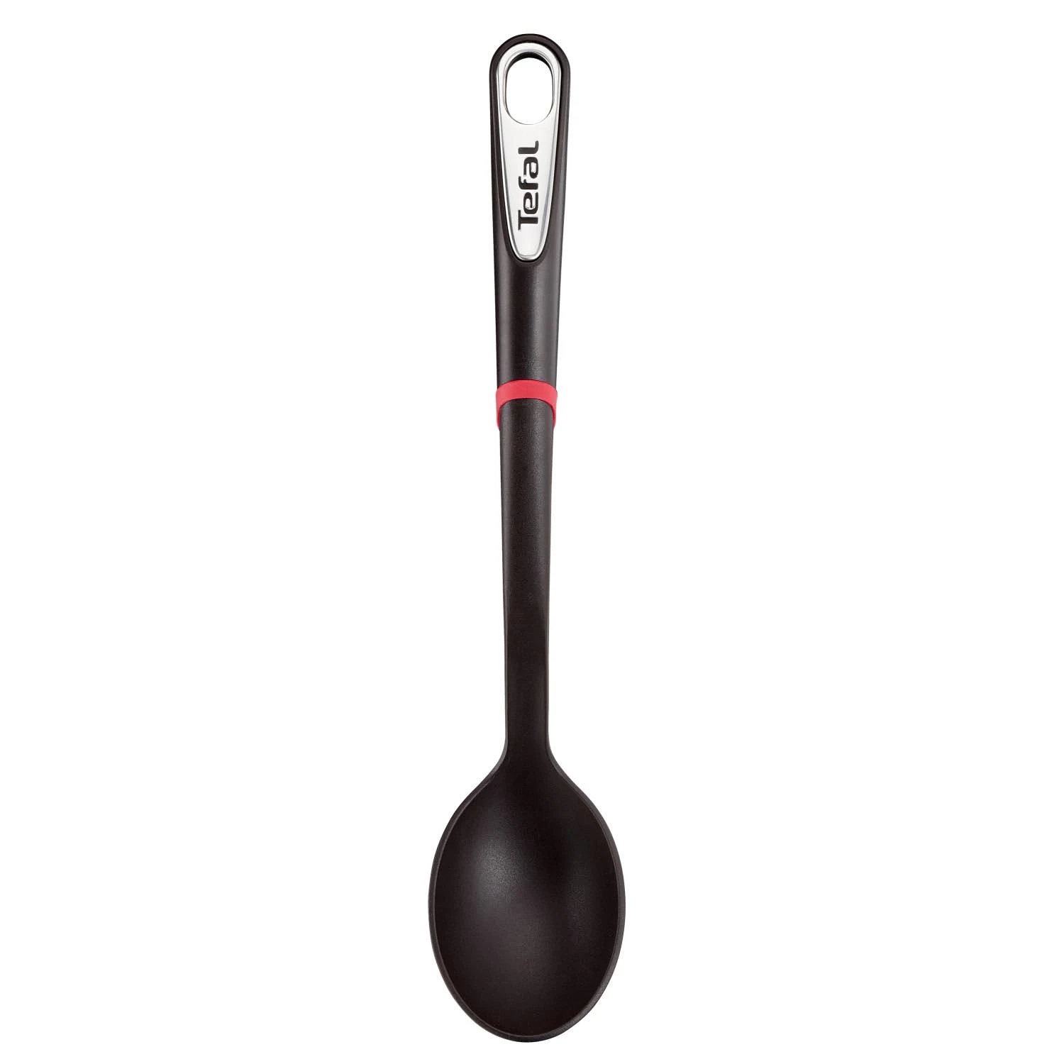 Una cuchara de cocina negra con una banda roja y un mango blanco.