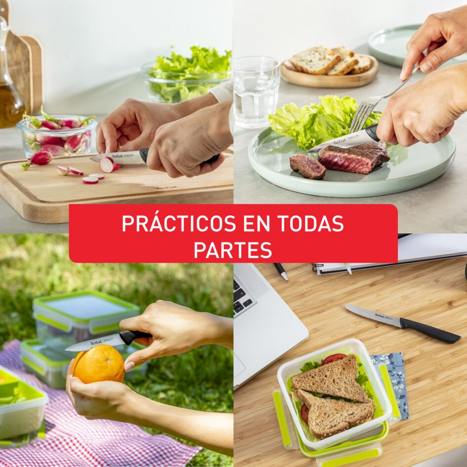 Collage de personas cortando comida con cuchillos. Texto rojo: Prácticos en todas partes.