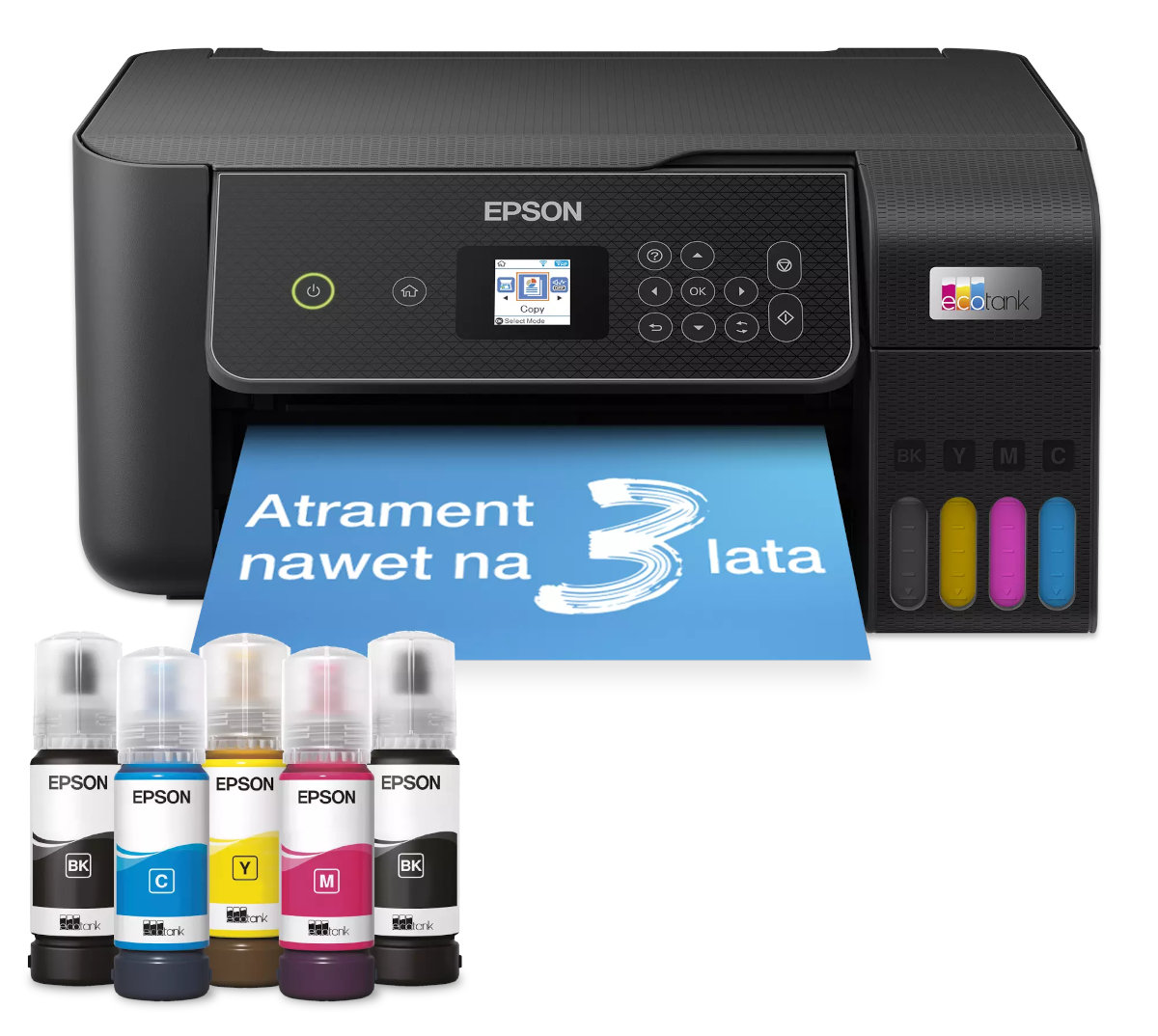 Drukarka Epson z butelkami z tuszem. Drukarka jest czarna, biały papier.