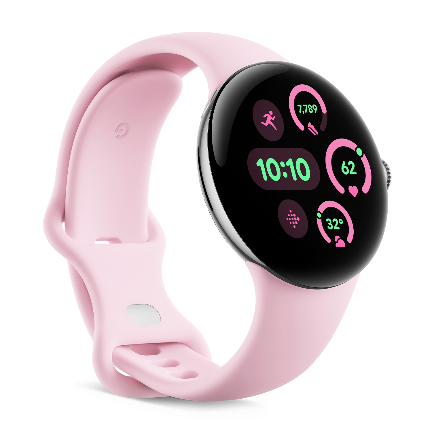 Uno smartwatch rosa con schermo ovale nero mostra le metriche di attività. Un cinturino rosa è attaccato.