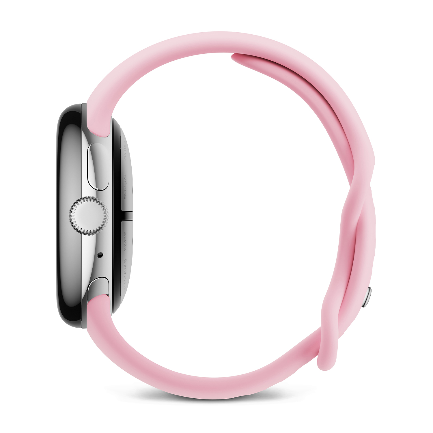 Smartwatch con cassa argentata e cinturino rosa, vista laterale.