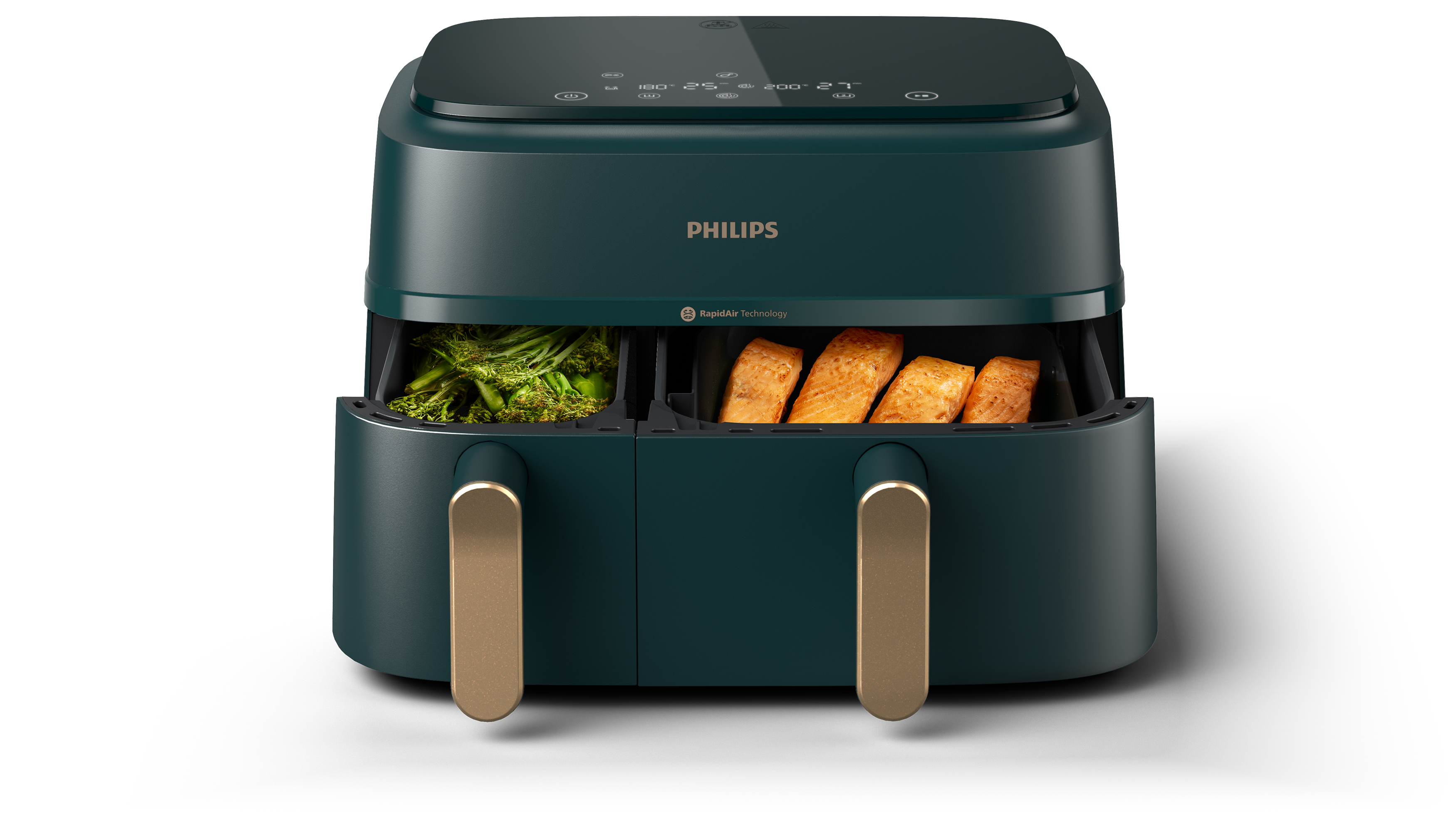 Friggitrice ad aria Philips verde, due scomparti con cibo. Maniglie dorate, parte superiore nera con controlli.