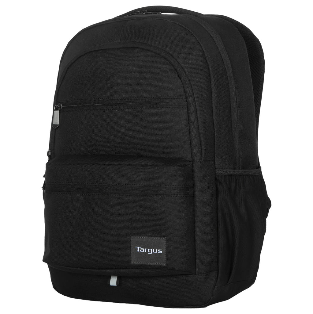Mochila Targus negra con múltiples bolsillos y cremalleras.