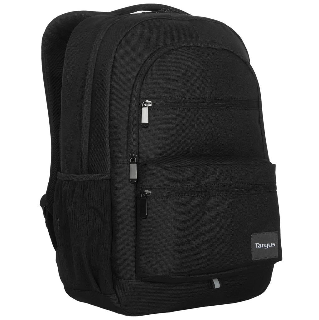 Mochila negra. Delantera con dos bolsillos con cremallera, un bolsillo lateral de malla y logo Targus.