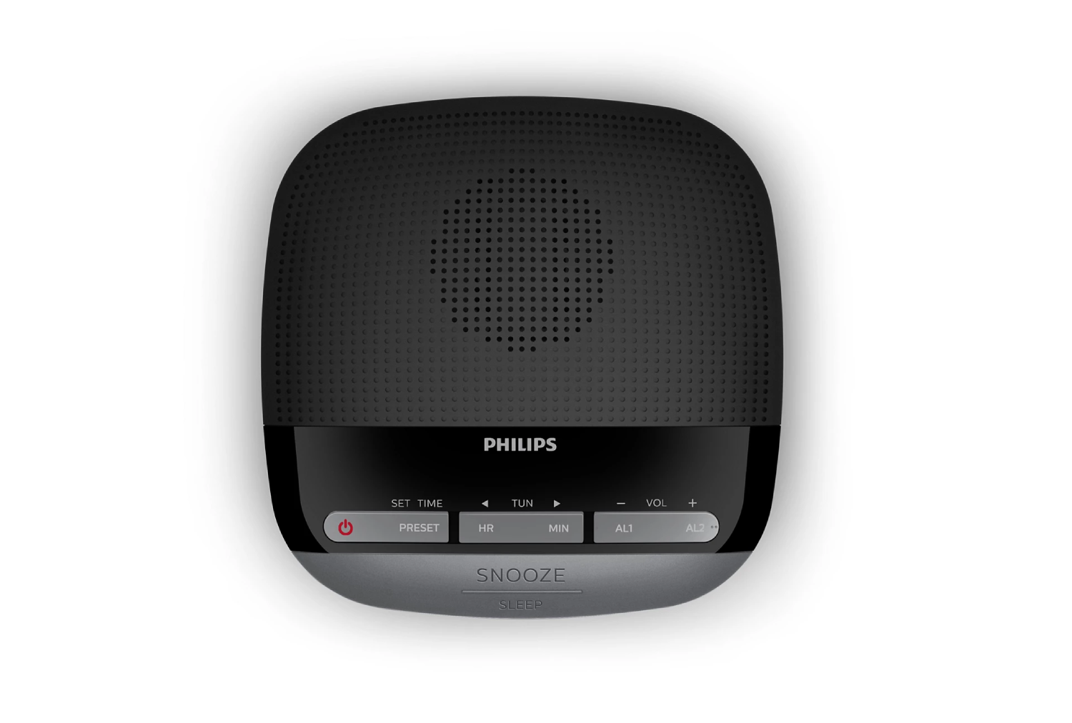 Se muestra un despertador Philips negro y gris con botones de repetición y suspensión.