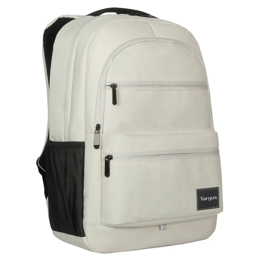Mochila color crema con múltiples compartimentos con cremallera y un logo Targus en la parte delantera.