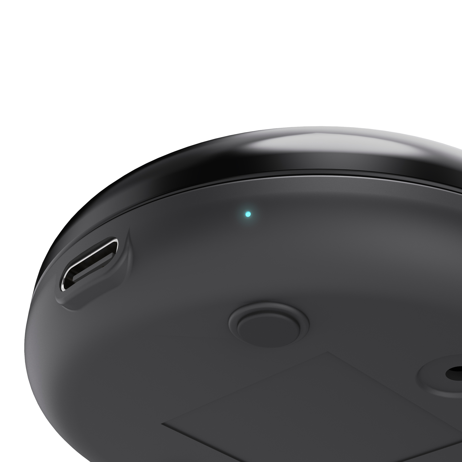 Black rounded device. USB-C port. Blue light. White background.