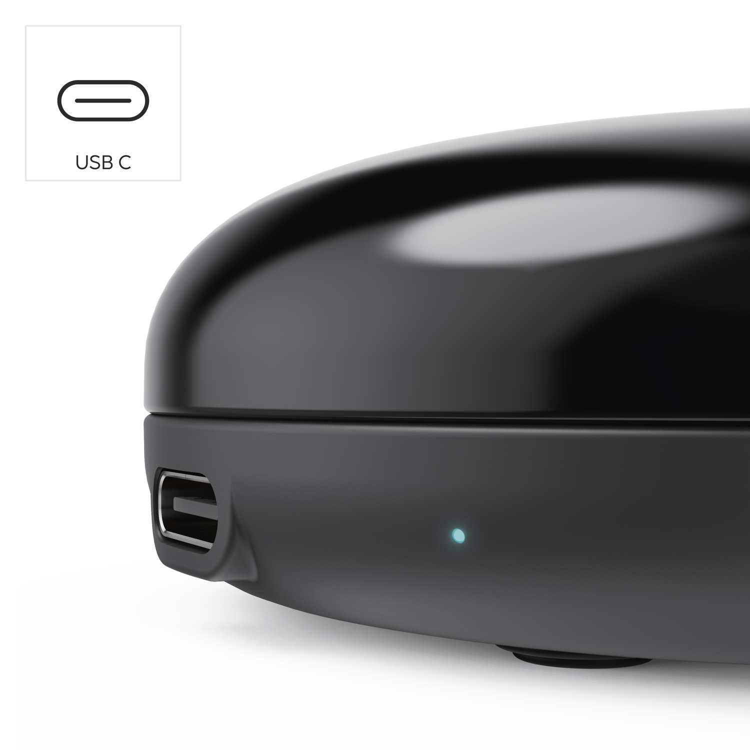Close-up of a black charging device with a USB-C port and a blue indicator light.
