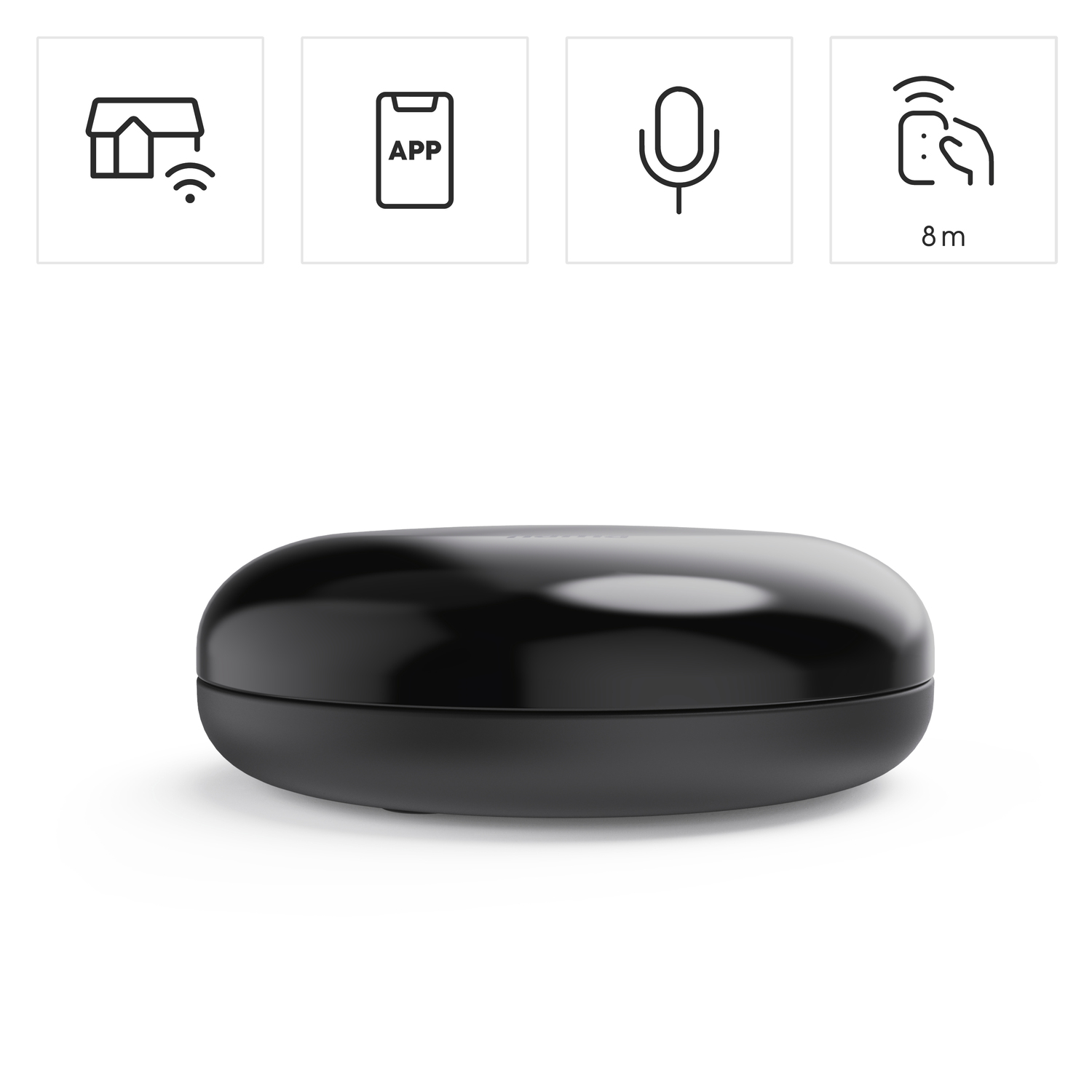 A black smart home device with icons for wifi, app, microphone, and a range of 8m.