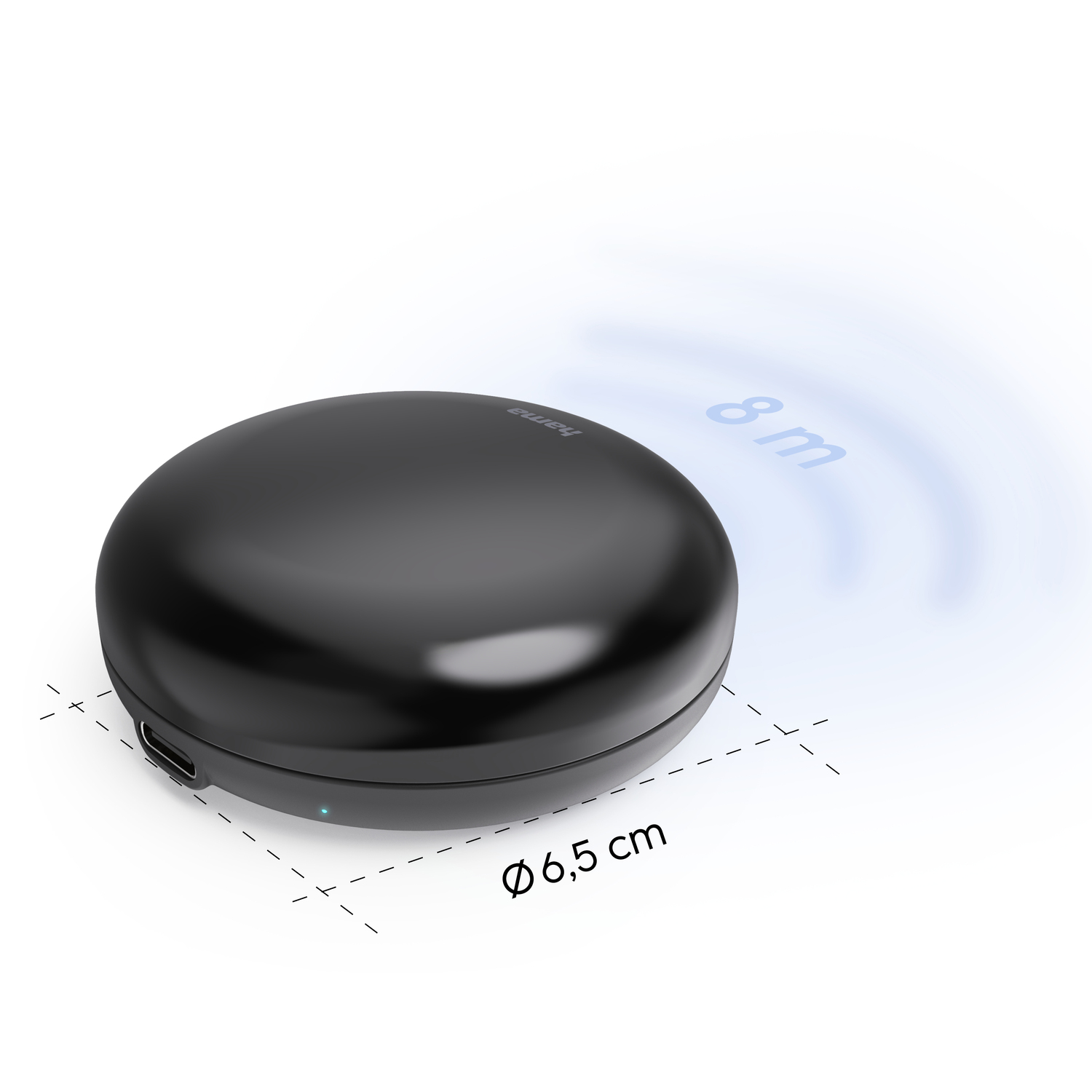 A black, round device with a USB port, and a blue signal emanating from it.